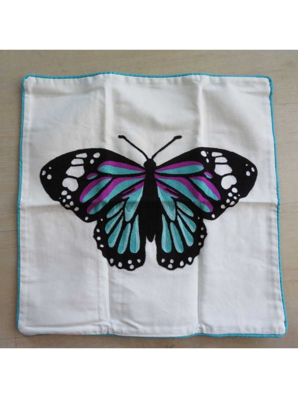 Butterfly Embroidered Cotton Throw Pillow Cover 18"x18" White Black Teal